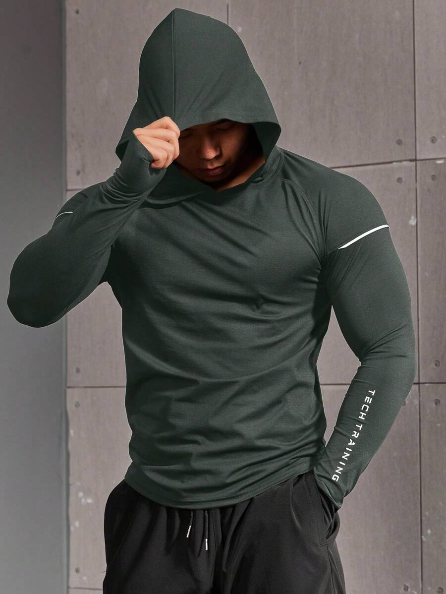 GymBeat 男士休闲字母印花长袖卫衣,超轻吸汗四向弹力面料,简约设计,修身无缝剪裁,带帽,适合运动健身,紧身衣 - 灰色 - 查看 1