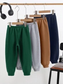 SHEIN Leap Crew 4 piezas Pantalones cómodos de estilo universitario para niños pequeños, con decoración práctica y sencilla, suaves, gruesos y abrigados, económicos, adecuados para conjuntos de ropa de niños, ropa familiar a juego, fiesta de cumpleaños, vida diaria, escuela, viajes y deportes, apropiados para otoño e invierno
