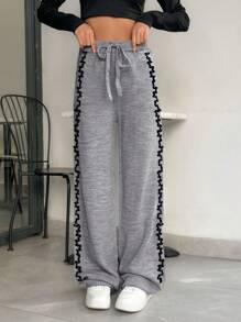 SHEIN PETITE Elegant Contrast Binding Detailed Knitted Pant - Grey - View 4