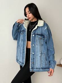 RueChic Flap Pocket Teddy Lined Denim Jacket - Medium Wash - View 7