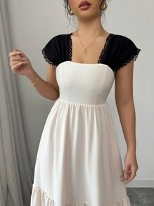 SHEIN Unity Vestido mini casual de vacaciones de cuello cuadrado con cintura definida y bloques de color - Albaricoque - Ver 5