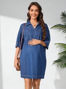 SHEIN Vestido vaquero casual de embarazo de manga corta con cuello vuelto y bolsillos dobles