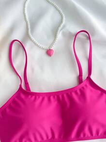 SHEIN 少女三件套：粉色纯色针织比基尼上衣、花卉印花染色裙子、度假休闲沙滩装 - 玫紅色 - 查看 4