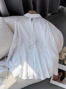 Chiquease 女式领口纽扣前系带蝴蝶结衬衫，优雅时尚办公装 - 白色 - 查看 1