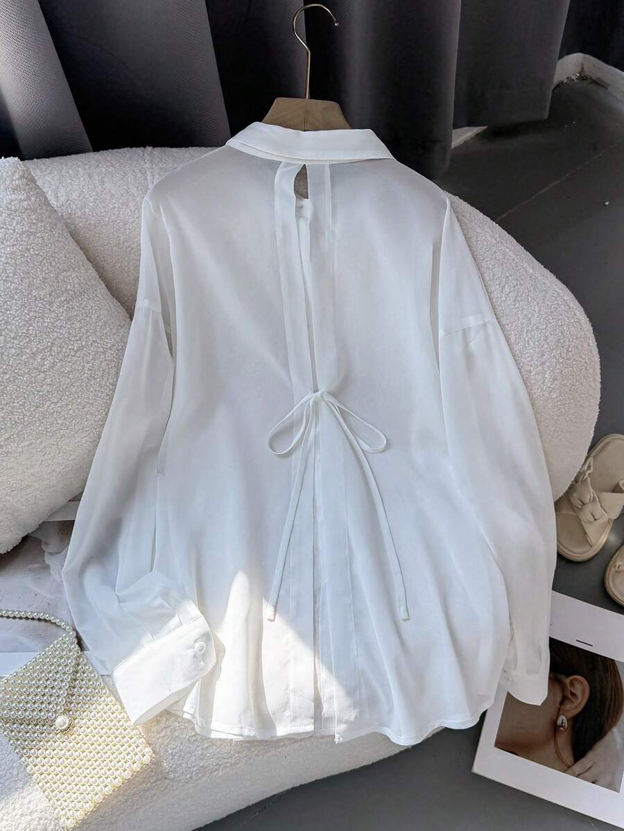 Chiquease 女式领口纽扣前系带蝴蝶结衬衫，优雅时尚办公装 - 白色 - 查看 1