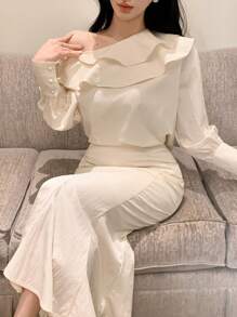 DAZY 2 件套女士露肩荷叶边衬衫和鱼尾下摆半身裙，秋季女装 - 杏色 - 查看 6