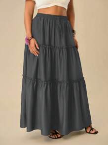 SHEIN VCAY Falda casual en talla grande para mujer con unicolor, lazo en la cintura y bajo con volantes - Gris - Ver 6