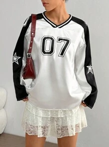 StreetHx T-shirt manches longues, matériau de sport décontracté, col côtelé en blocs de couleurs, imprimé sur les manches et l'avant