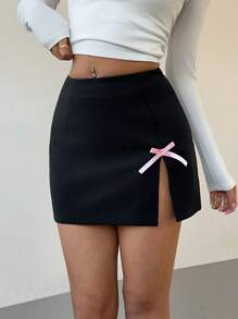 Aloruh Side Slit Contrast Color Bow Decor Romantic Valentine's Date Elegant Skirt, Pink