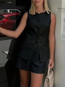 INAWLY 2 件女式纯色圆领开衩下摆背心和短裤套装