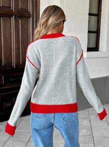 SHEIN Essnce Women Solid Color Patchwork Crew Neck Long Sleeve Casual Sweater - Multicolor - View 2