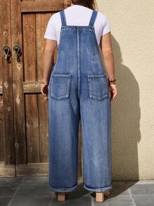 EMERY ROSE Plus Size Casual Washed Loose Denim Bib Overalls - Light Wash - View 3