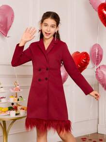 SHEIN 1 chiếc váy dài tay chắp vá cổ bẻ cho bé gái, phong cách thời trang, trang phục gia đình đồng bộ (bán riêng 2 chiếc) - Màu Hồng Tươi - Xem 6