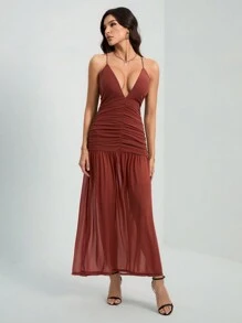 SHEIN Tall Váy xòe viền trước màu nâu cho nữ, Váy dự tiệc cưới - màu nâu - Xem 6