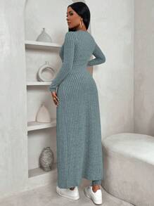 VaVaBold 2 pièces/set T-shirt à fente maxi côtelé en molleton et pantalon, vêtements d'hiver, ensembles de pulls, manches longues, ajusté, cratères en molleton, tenue de randonnée, hauts d'hiver, leggings d'hiver, ensemble pour femmes, dame élégante, hauts d'automne, vêtements d'hiver, gardez au chaud, manches longues