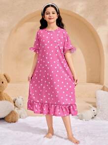 SHEIN Leap Crew Tween Girls' Loose Casual Heart Pattern Wide A-Line Ruffle Trim Dress - Pink - View 4