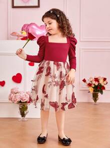 SHEIN Cô Gái Trẻ Dệt kim Màu thuần Với Thêu Bướm Và Lưới Đầm - Màu Đỏ Sâu - Xem 3