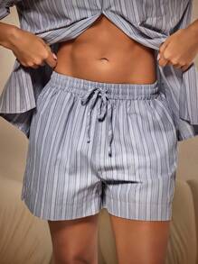 Athîral 2pcs Set Women Blue Linen Textured Stripe Short Sleeve Shirt And Short Set