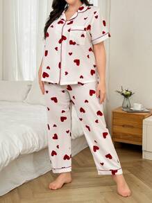 Dream Adore Ensemble robe et pyjama grandes tailles, imprimé cœur aquatique, chemise à manches courtes rouge et pantalon long