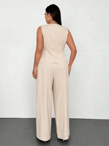 Celure 1 Set Plus Size Women Elegant Sleeveless Round Neck Blouse And Straight Leg Pants, 2 Pieces Set