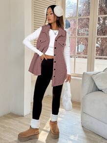 SHEIN EZwear Women's Sleeveless Minimalist Button Front Pockets Casual Jacket, Daily Wear In Fall/Winter