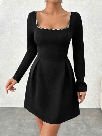 EURMUSE Women Pearls Detailed Square Collar Black Mini Dress