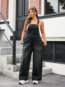 SHEIN EZwear Plus Size Wide Strap Button Pocket Casual Denim Bib Overalls - Black - View 3