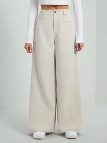 SHEIN Tall Quần nhung kẻ sọc đơn giản cổ điển màu trơn cho nữ, quần kaki cho nữ, quần ống rộng cho nữ - Màu Khaki - Xem 3