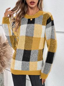 SHEIN LUNE 套头长袖毛衣，休闲时尚，适合日常穿着 - 芥末黃 - 查看 3