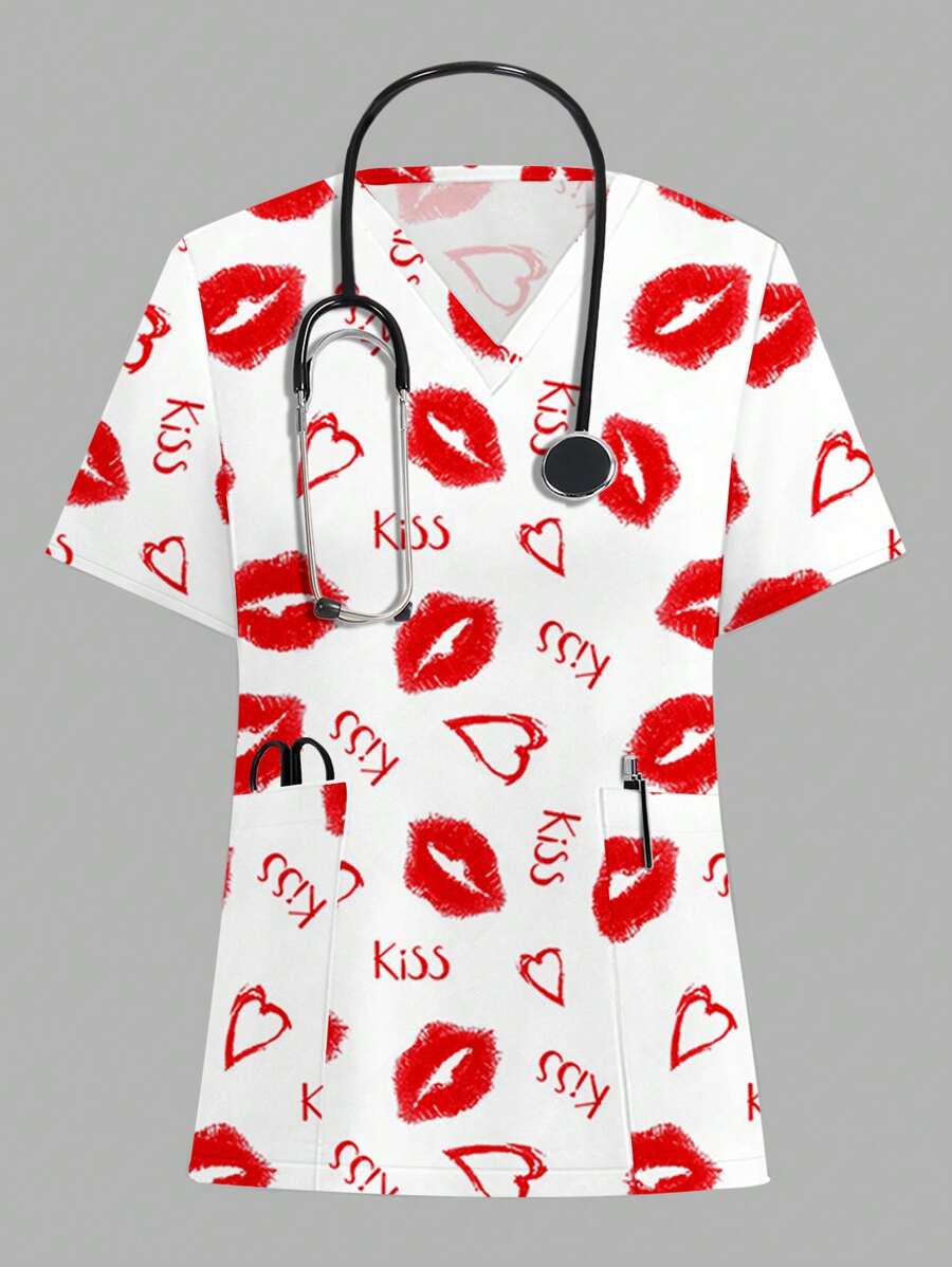 PopScrub 女式 V 领短袖双口袋 T 恤，带有可爱的心形嘴唇吻红色卡通印花，情人节护士/诊所手术服上衣 - 彩色 - 查看 1