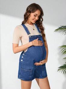 SHEIN Maternity Side Button Denim Bib Shorts - Dark Wash - View 3