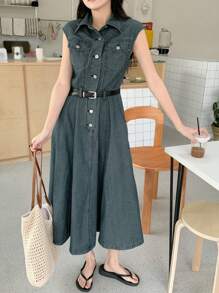 DAZY Women's Front Button Sleeveless Pocket Casual Long Dress Shirt Dress - Blue - View 8