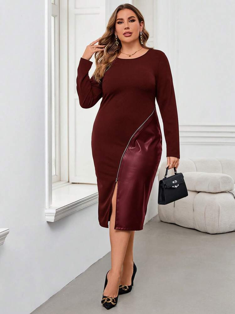 SHEIN Clasi Vestido ajustado de invierno para mujer de talla grande, en color negro, de manga larga, con paneles (PU) y cremallera delantera con abertura - Burdeos - Añade 5