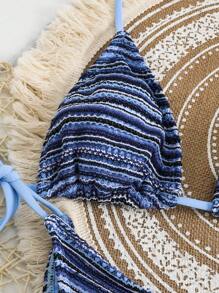 Swim Vcay Summer 3pcs/Set Bohemian Style Bikini Set & Cover Up, Drawstring Bikini Swimming Suit, Beach Outfit - Blue - View 5