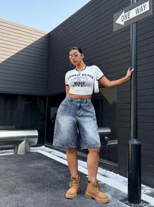 SHEIN ICON 夏季水洗休闲直筒牛仔短裤 - 中等水洗藍 - 查看 4