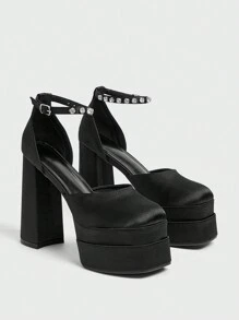 Sugerpunk Women's Fashion High Platform Satin Rhinestone Embellished Pumps Spring Shoes Spring Break Easter Prom Heels - Black - View 2