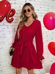 SHEIN VCAY Valentine's Day Out Date Holiday V-Neck Hem A-Line Casual Holiday Elegant Ladies Long Sleeve Dress, Back-To-School Fall/Winter Dress, Back-To-School Everyday Dress, Commute, Minimalist, Office, Old Money, Simple, Teacher Dress, Christmas Dress, Christmas Party Atmosphere Red Dress, Valentine's Day Red Dress, New Year Party Dress, Red Romantic Dress, This Is A Very Elegant And Stylish Dress For Women