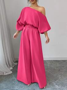 Firerie 2pcs/Set Women's Solid Color Asymmetric Neck Lantern Sleeve Top And Wide Leg Pants - Hot Pink - View 3