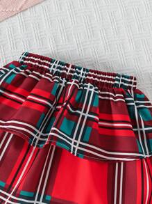 Conjunto de Moda Feminina: Vestido Estampa Xadrez e Camiseta de Manga Longa Gola Redonda com Estampa Fofa de Elemento de Natal, Conjunto 2 Peças Adequado para Feriados - Multicolorido - Visão 4