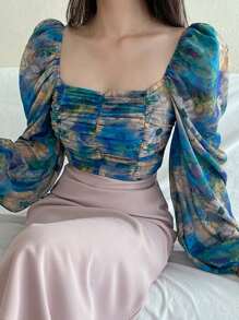 DAZY Women's Floral Print Square Neck Collar Stretchy Tight-Fitting Puff Sleeve Blouse, Green, Spring/Summer/Autumn Long Sleeve Vacation Outfits Women - Green - View 3