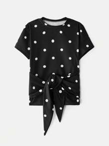 SHEIN Women Polka Dot Print Round Neck Short Sleeve Knotted Waist Casual T-Shirt - Black and White - View 1