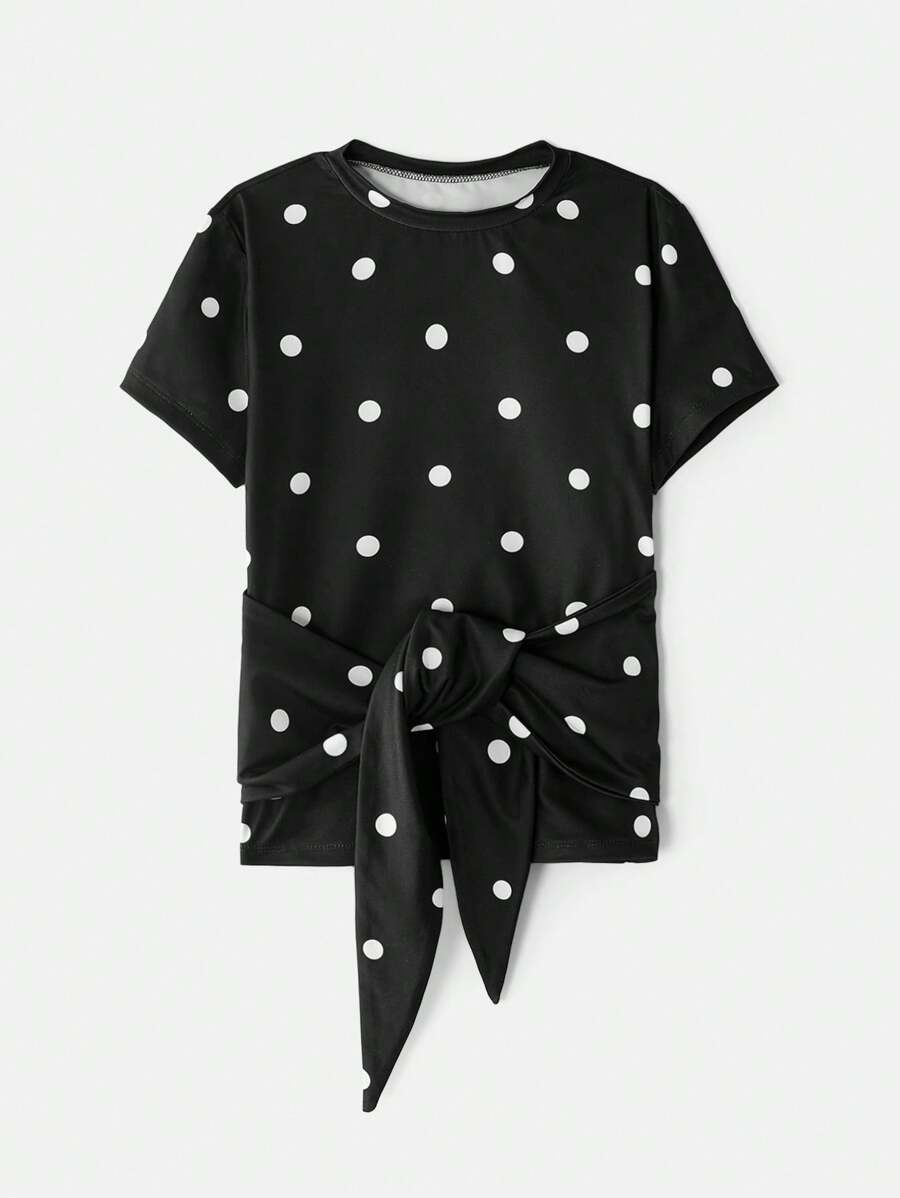 SHEIN Women Polka Dot Print Round Neck Short Sleeve Knotted Waist Casual T-Shirt - Black and White - View 1