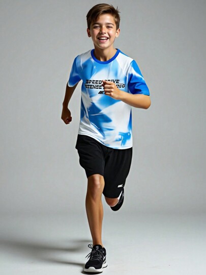 SHEIN Chłopięca bluza typu Outdoor z okrągłym dekoltem i krótkim rękawem, z unikalnym nadrukiem, klasyczna bluza typu pullover, uniwersalna, do biegania po drodze, maratonu, biegania po szlaku, treningu, modna