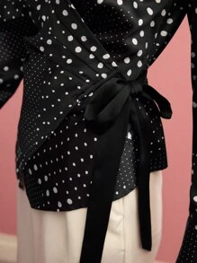 MOTF PREMIUM POLKA DOT WRAP TIE SIDE BLOUSE,SPRING/SUMMER - Black and White - View 2