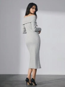 CLARA VERO Solid Long Sleeves Foldover Off Shoulder Sweater Dress - Light Grey - View 2