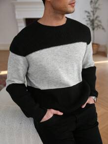Manfinity CityGents Jersey de cuello redondo de manga larga con bloques de color casual para hombre, otoño/invierno