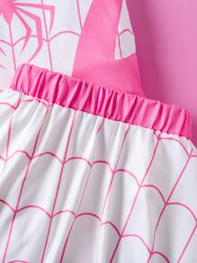 SHEIN Playful Pals 2 件套年轻女孩休闲蜘蛛印花圆领短袖上衣和裙子，适合户外玩耍、游乐园、居家、学校、化妆舞会、春夏 - 粉色 - 查看 5
