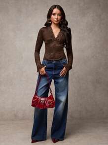 SHEIN BAE 1 件女式纯色蕾丝边修身长袖衬衫，休闲日常穿着 - 咖啡棕 - 查看 6