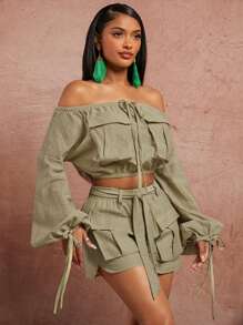SHEIN SXY 春夏约会俱乐部情人节婚礼优雅度假装生日女装绿色编织露肩工装口袋装饰长袖短款上衣，配有抽绳设计 - 卡其色 - 查看 3