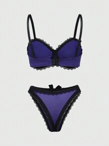 ROMWE Gothic Lace Patchwork Large Cross Pendant Bra & Underwear Set With Underwire - Purple - View 2